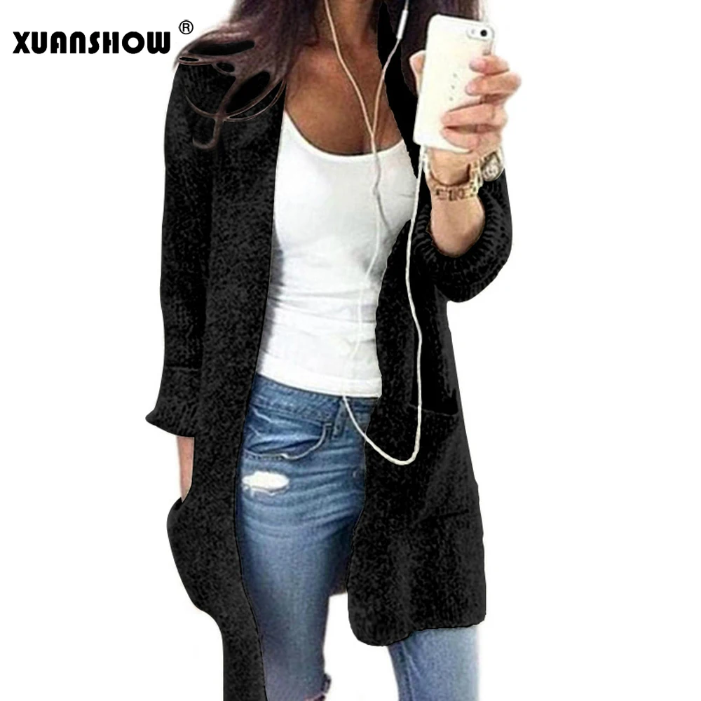 XUANSHOW Sueter Mujer Invierno осенний Однотонный женский длинный кардиган, хлопковый Свободный вязаный свитер с открытой строчкой размера плюс 5XL