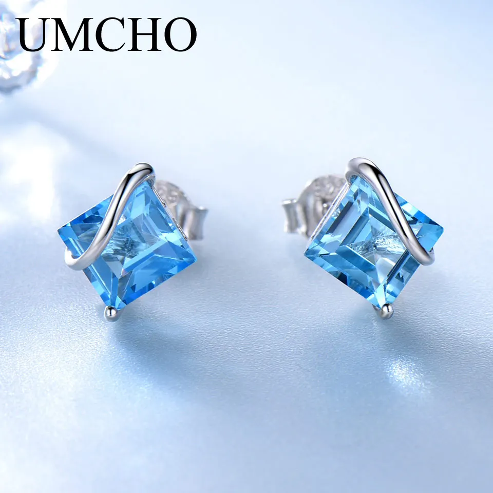 UMCHO 2.5ct натуральный Швейцарский синий топаз драгоценный камень серьги 925