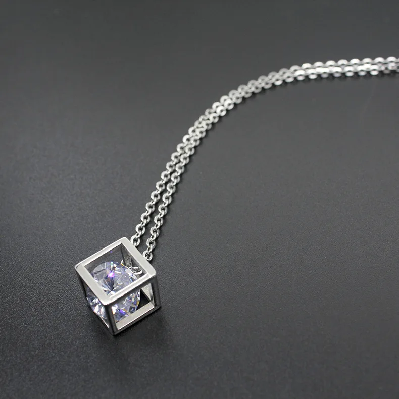 Stainless Steel Pendant Necklace Cube with White Pink Cubic Zircon Pendants for Women Fashion Jewelry 45cm Chain Free |