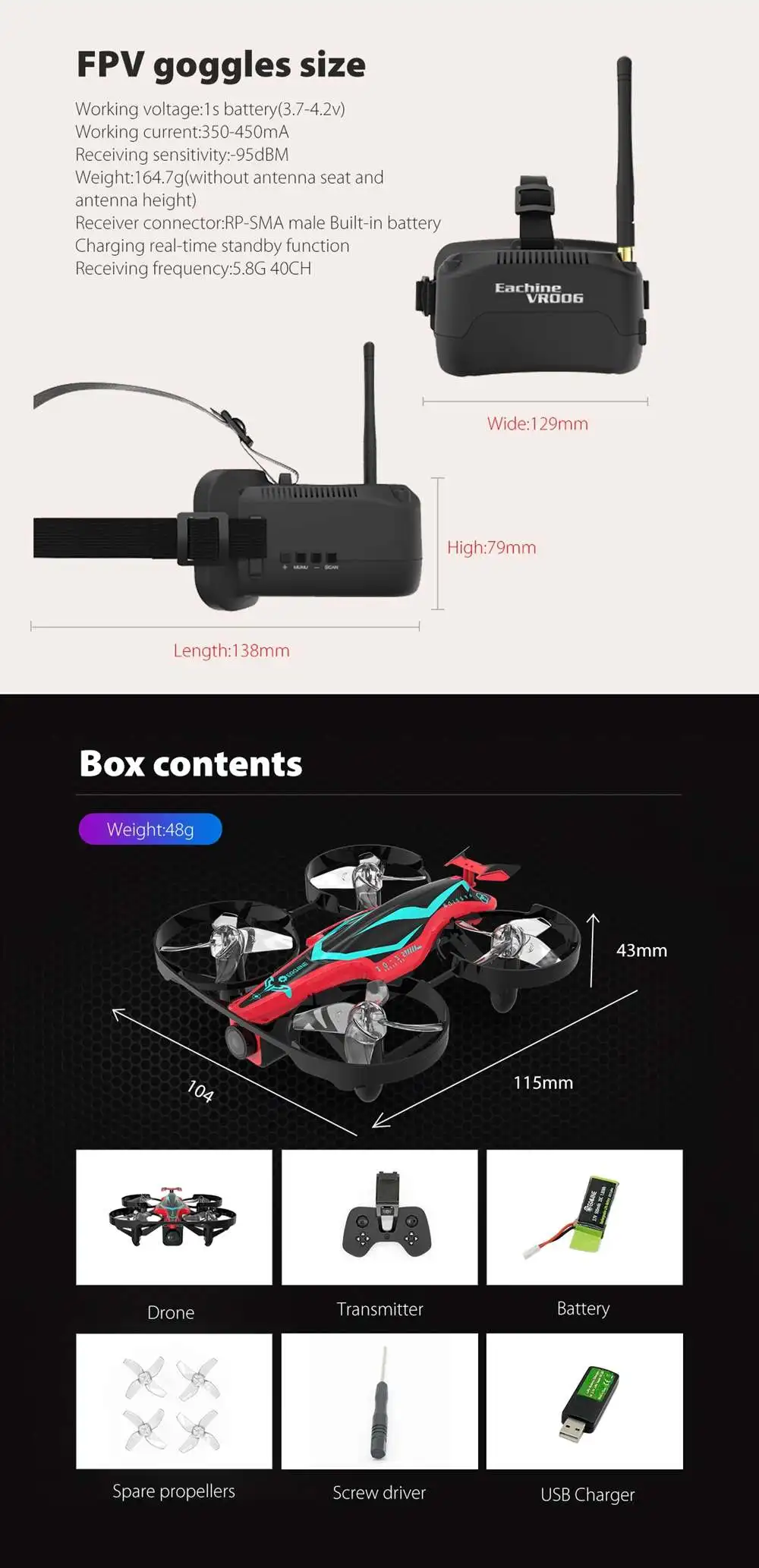 Eachine E013 плюс микро гоночный Дрон с видом от первого лица с защитой от черепаха режим w/5,8G 48CH 1000TVL Камера VR006 очки