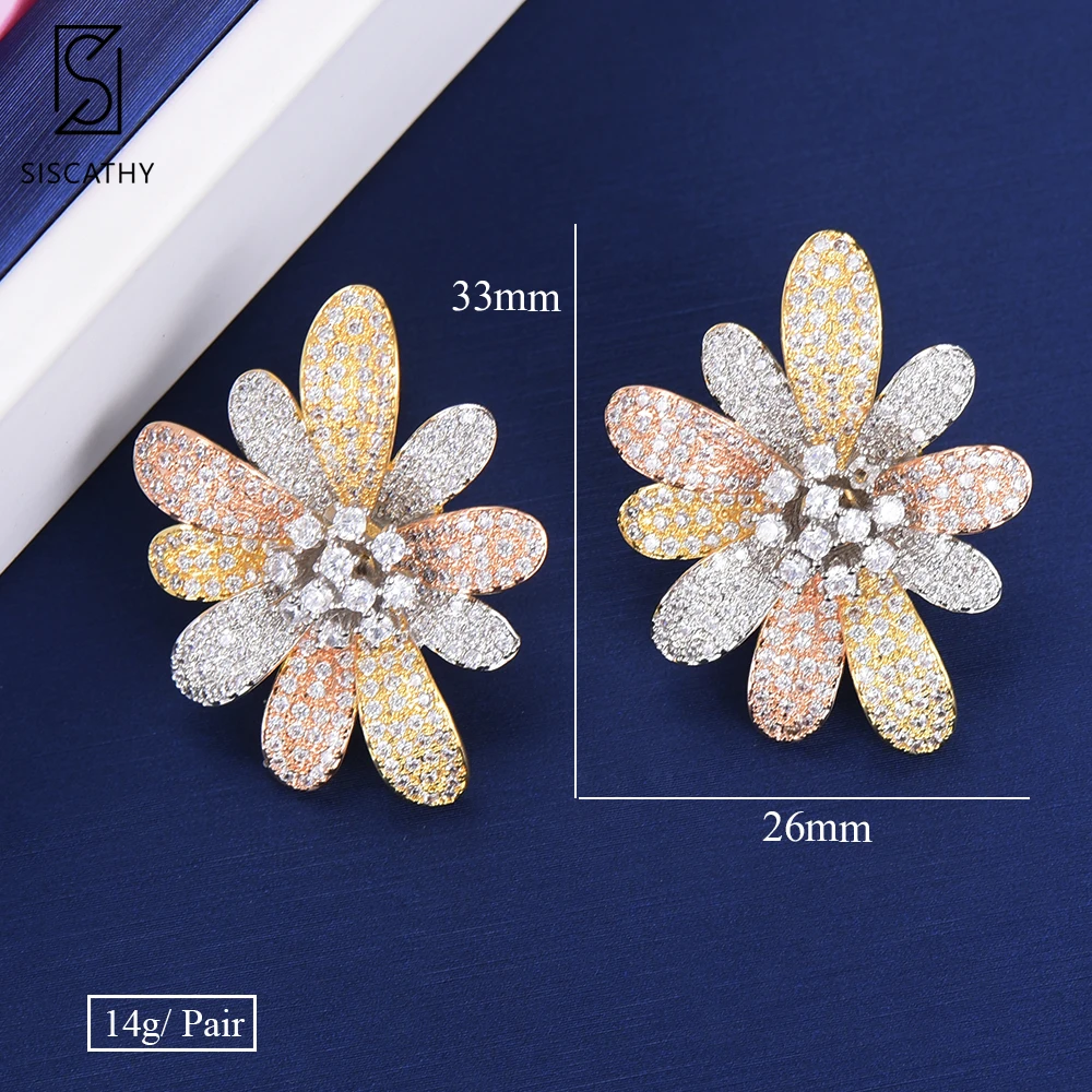 

SISCATHY Luxury Women Flower Stud Earrings Full Cubic Zirconia Statement Jewelry Inlaid Girls Earrings Party boucle d'oreille