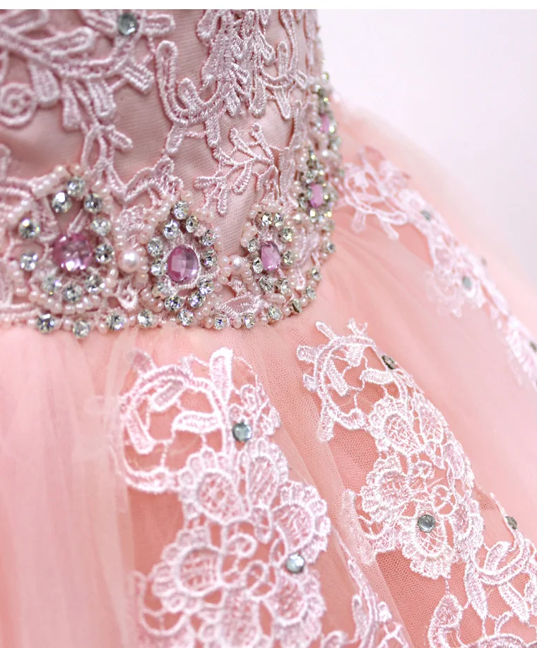 Vestidos De 15 Anos, бальное платье, Розовое Бальное платье, дебютантное кружевное платье с аппликацией, жемчугом, кристаллами, без рукавов, с замочной скважиной на спине