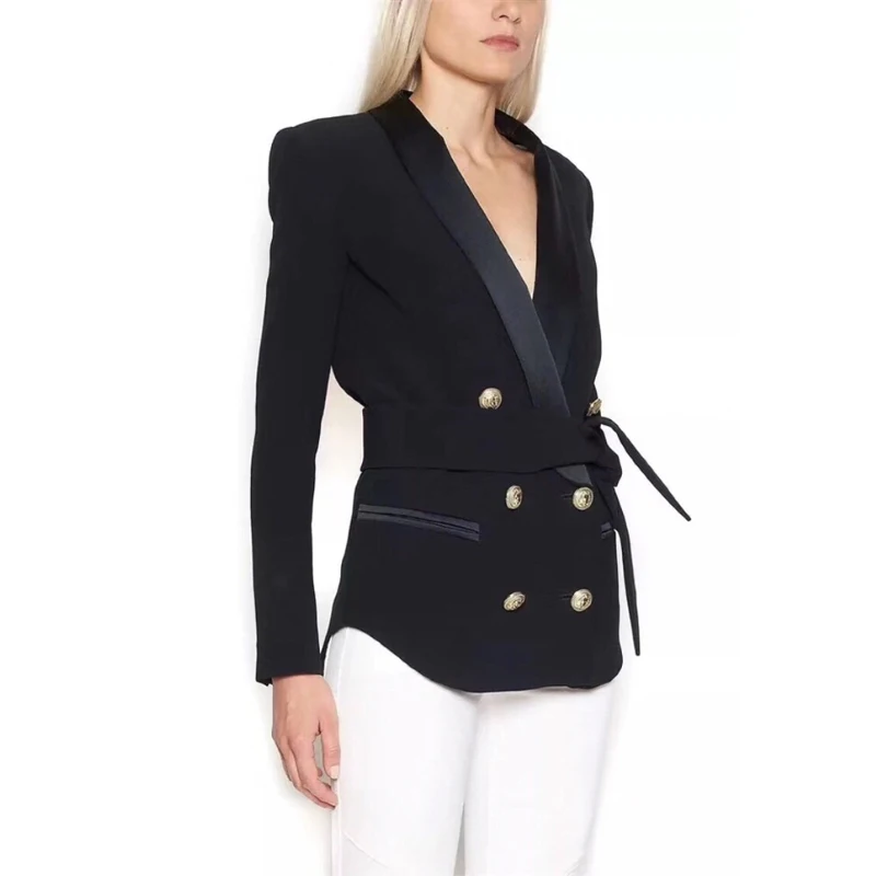 OXANT Tunic Blazer For Women Double Breasted Long Sleeve Lace Up High Waist Coat Female Autumn 2019 Fashion Vintage Tops