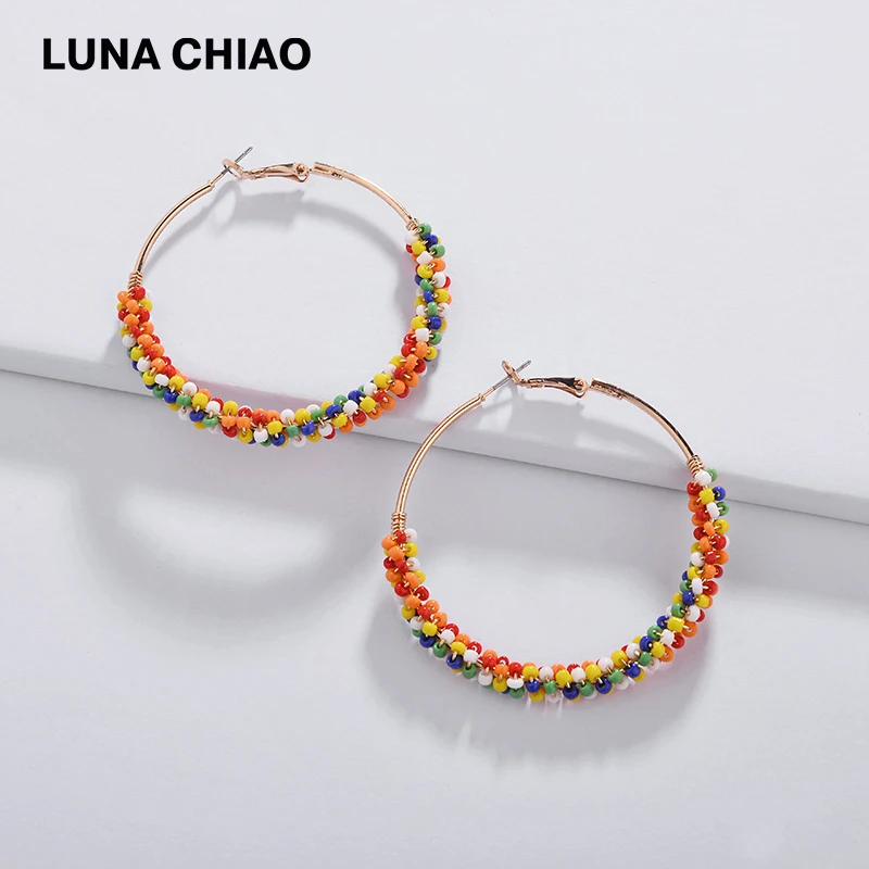LUNA CHIAO, трендовые круглые серьги, ювелирные изделия, радужные, весна-лето, цветные, мини, бисер, обруч, модные большие серьги-кольца для женщин