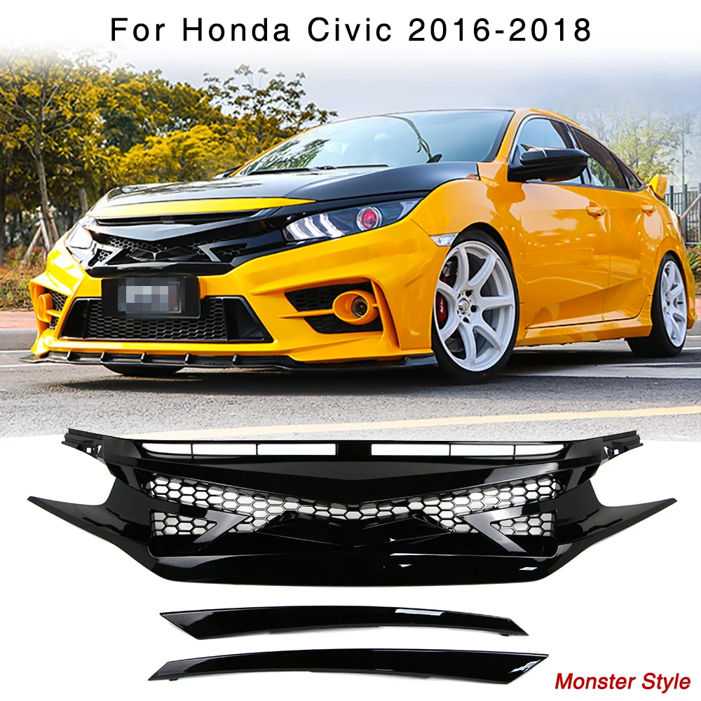 Решетка переднего бампера для Honda Civic глянцевая черная капот в стиле монстра с сотовой сеткой