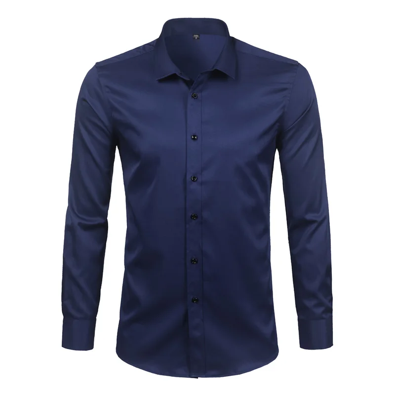 Dark Blue Мужские рубашки из бамбукового волокна, повседневные приталенные мужские рубашки с длинным рукавом, Удобные однотонные рубашки без железа, мужская рубашка синего цвета - Цвет: Dark Blue