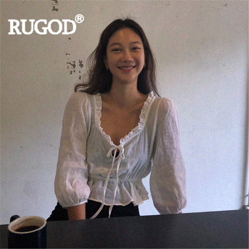 RUGOD Женская Однотонная футболка рубашка с квадратным воротником на шнуровке