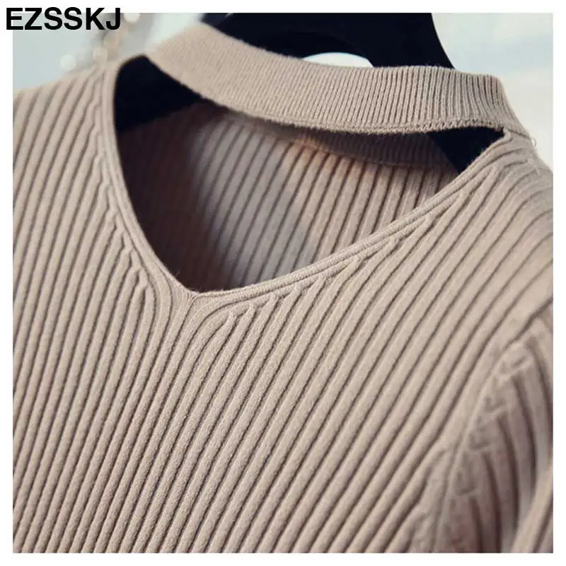 fashion halter knitted sweater women Autumn winter pullover female tops Slim v neck black jumper casual pull femme flare sleeve | Женская