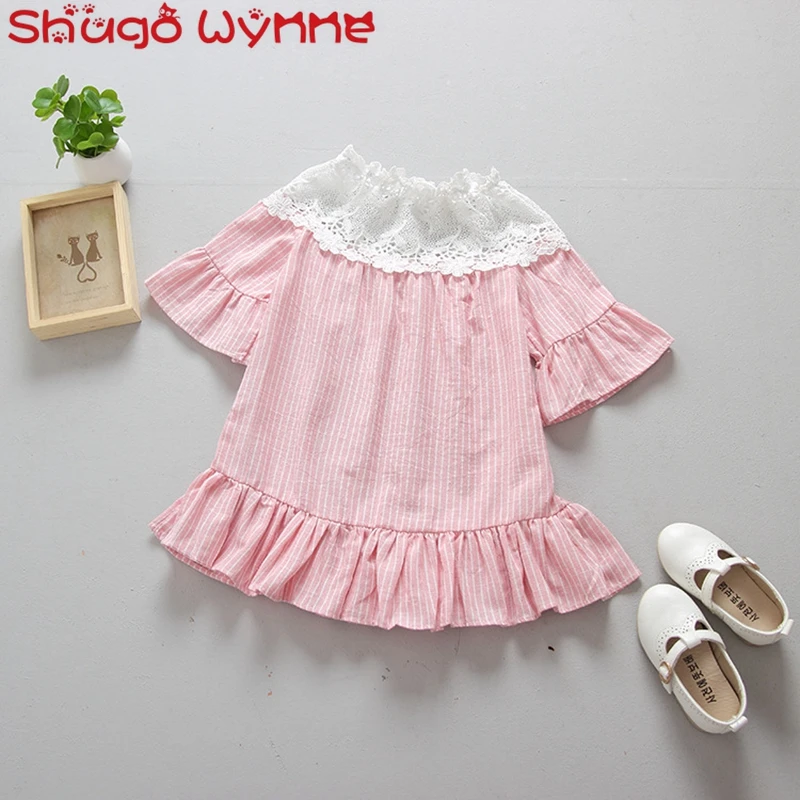 Summer Children's Short Sleeve Lace Collar Striped Print Girls Ruffles Pleated Tutu Dress vestidoss | Детская одежда и обувь