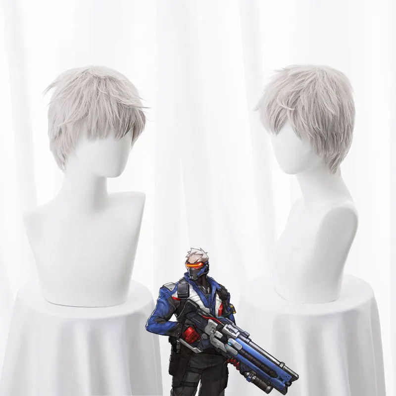 Фото New Arrival Game Cosplay Wig 30cm Short Straight  Hair Soldier 76 Jack Morrison  Wig for Man Boy Costume Party Silver Grey №2