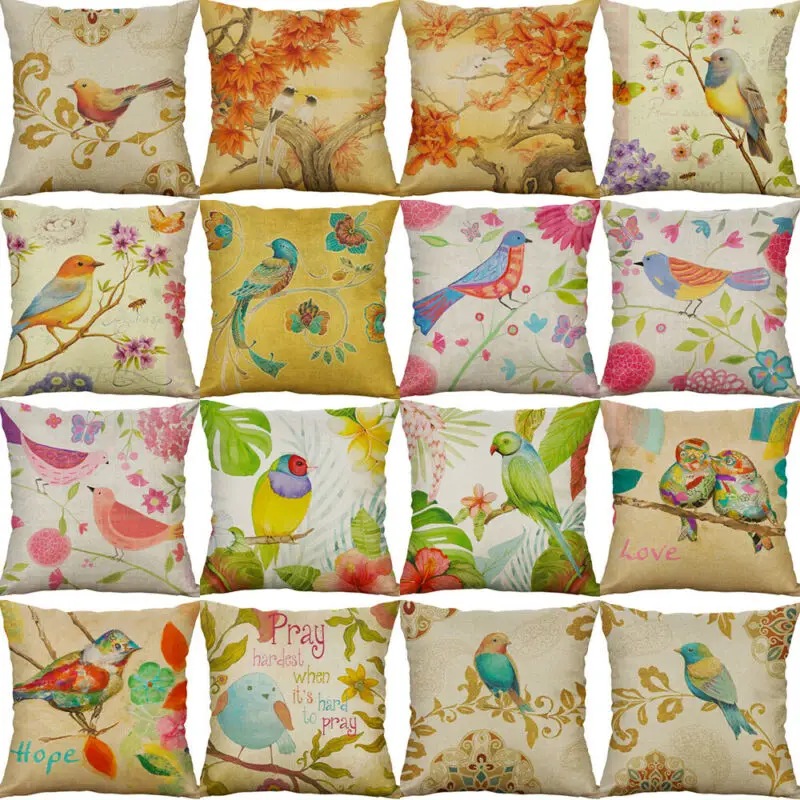 

18'' Vintage Birds Cotton Linen Pillow Case Home Decor Pillow Cushion Cover