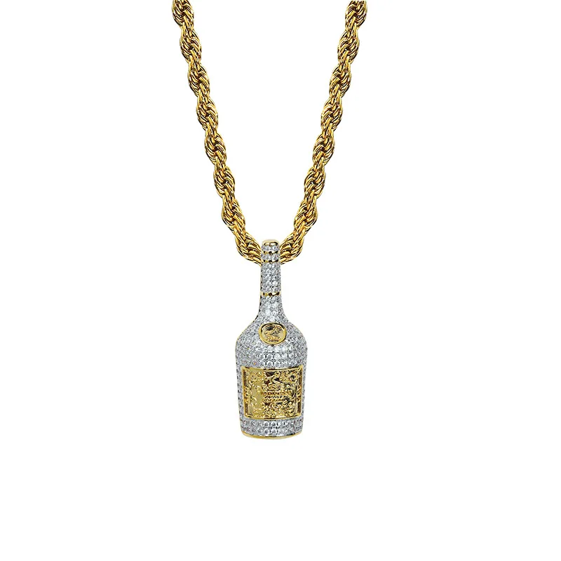 В Стиле Хип-хоп, два тона, с микро покрытием, AAA, кубический цирконий, Bling Iced Out, бутылка для виски, вина, подвески, ожерелье для мужчин, рэппер, ювелирное изделие, золото