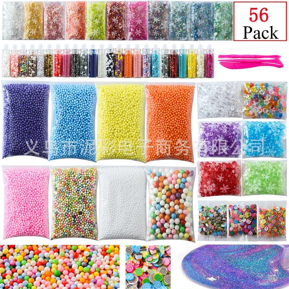 56 Pack Slime Making Kit Colorful Foam Ball Granules Flat Beads Gold Powder Candy Paper Polymer Clay Set Children's DIY Material | Игрушки