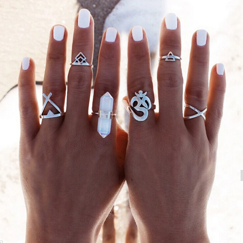 New Fashion Silver Plated Alloy Bohemia Hexagonal Column Charm Ring Set Kunckle Boho Beach Resin Finger Open Rings | Украшения и