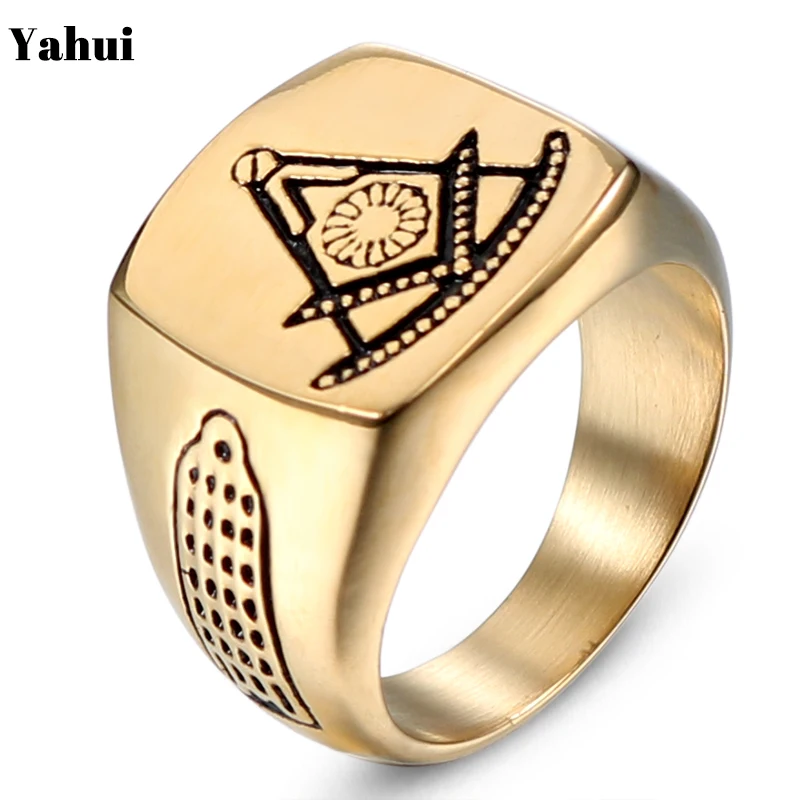 Yahui Masonic компас квадратный золотой тон мужское кольцо из нержавеющей стали