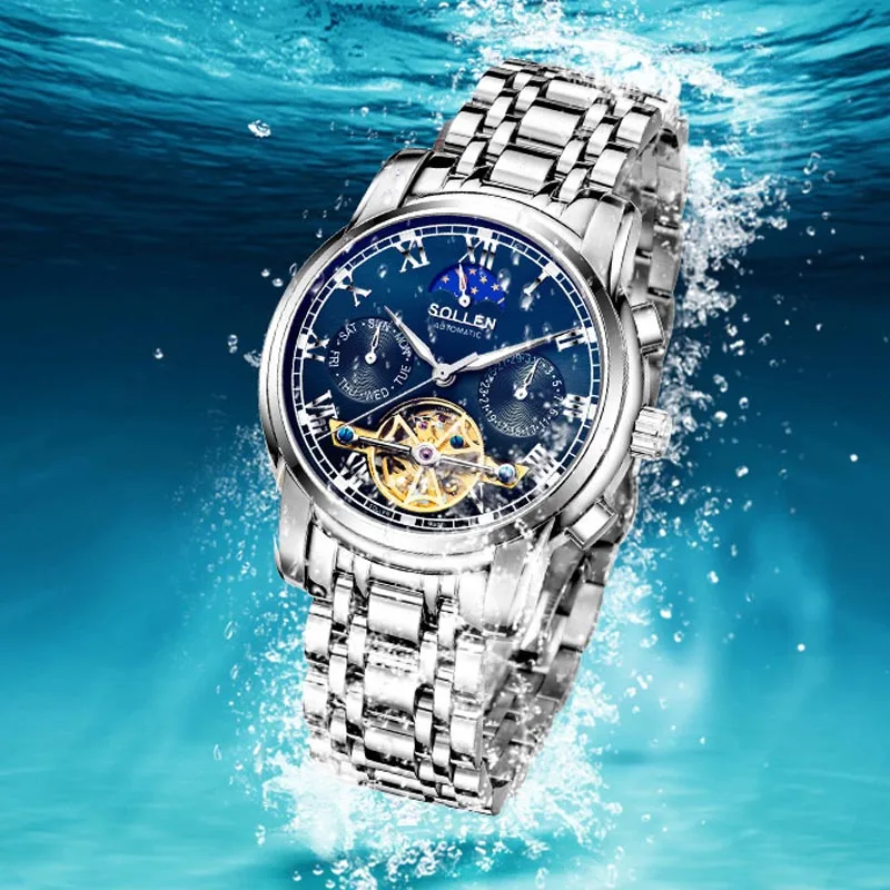 SOLLEN Скелет Tourbillon фазы Луны часы Нержавеющая сталь Водонепроницаемый светящиеся