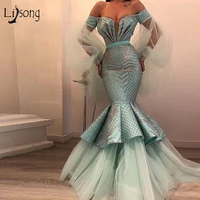 sparkle 2019 mint green crystal mermaid evening dresses with puff full sleeves sexy off the shoulder long prom gowns