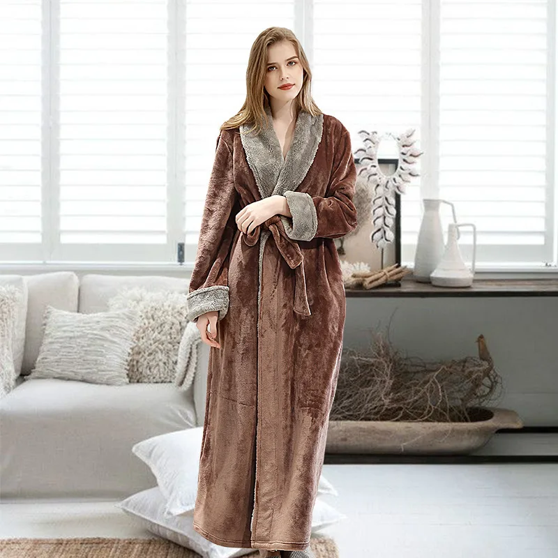 Coffee women robe Зимний длинный халат, женский теплый халат, Женский банный халат, Пара толстых теплых полотенец для влюбленных, женское кимоно, пеньюар, Femme - Цвет: Coffee women robe