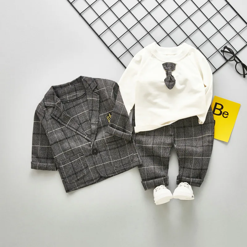 2020 New Spring Baby Boys Clothing Male Children Suits Kid Gentleman Tie Style Coats T Shirt Pants 3PCS/Sets Grid Infant Clothes | Детская