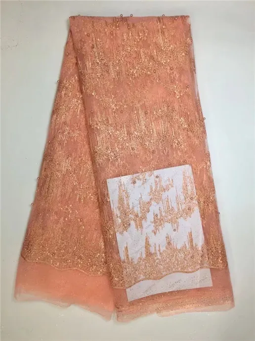 

Pearls 3d Embroidery french Lace tissue , African Heavy Breathable tulle Net Lace fabric for wedding party woman dress peach