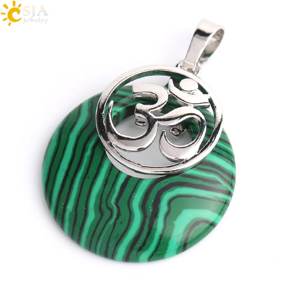 Malachite CSJA рейки натуральный камень розовый с кварцевым тигровым глазом Фиолетовый Кристалл оникс кулон Йога Серебряный Цвет 3D AUM женские ожерелья бижутерия G049 - Окраска металла: Malachite