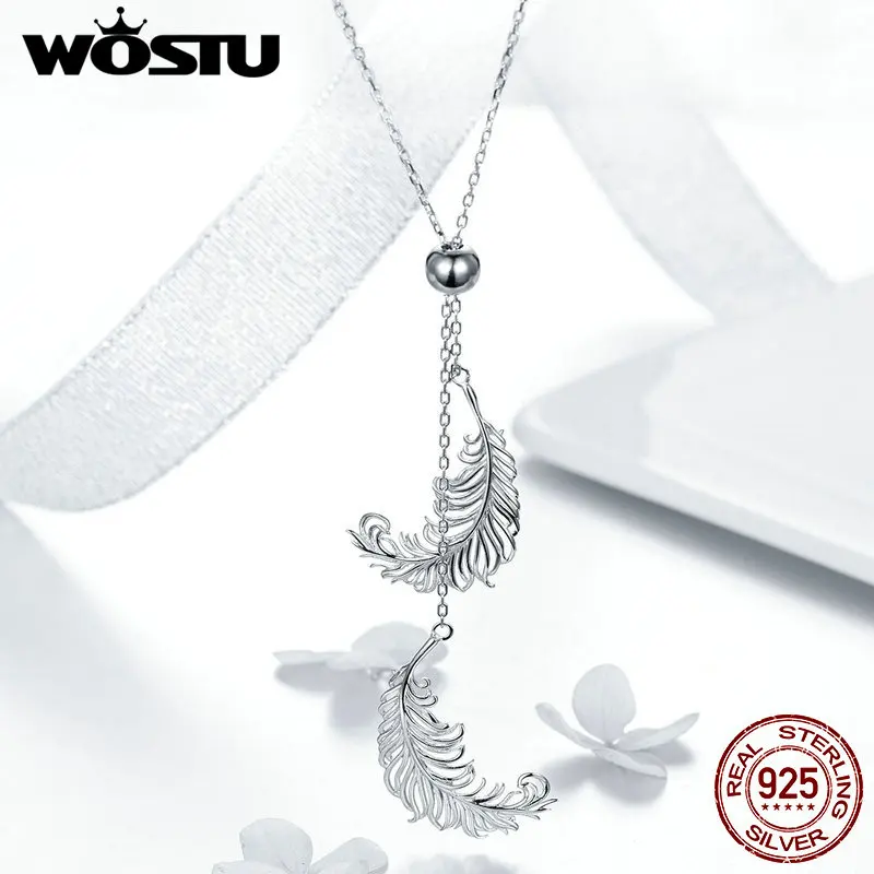 WOSTU Новая коллекция 100% Серебро 925 пробы ожерелья с подвеской в виде пера