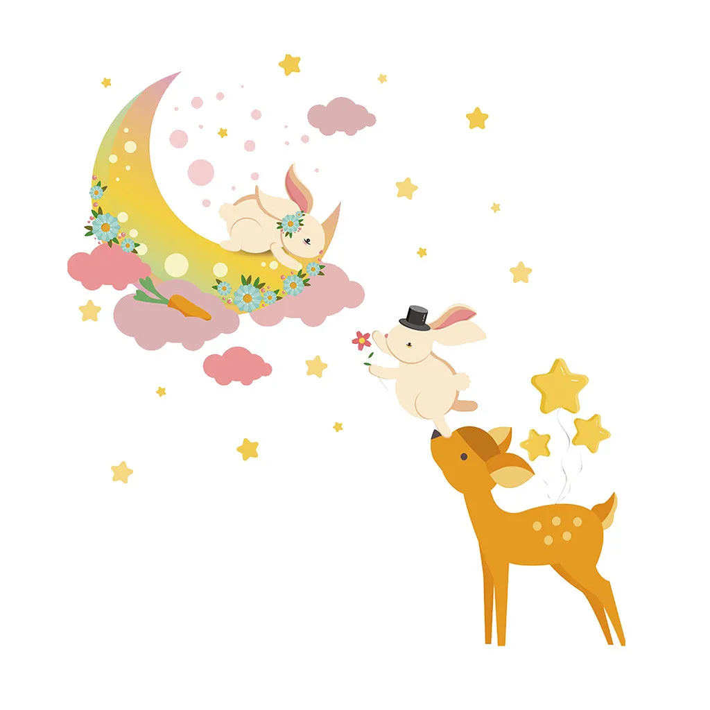 Многоцветный Обои олень луна кролик мультфильм Мобильная креативная стена, прикрепленная с декоративным настенным окном художественная Наклейка Мода Горячая новинка Feb21 - Цвет: Многоцветный