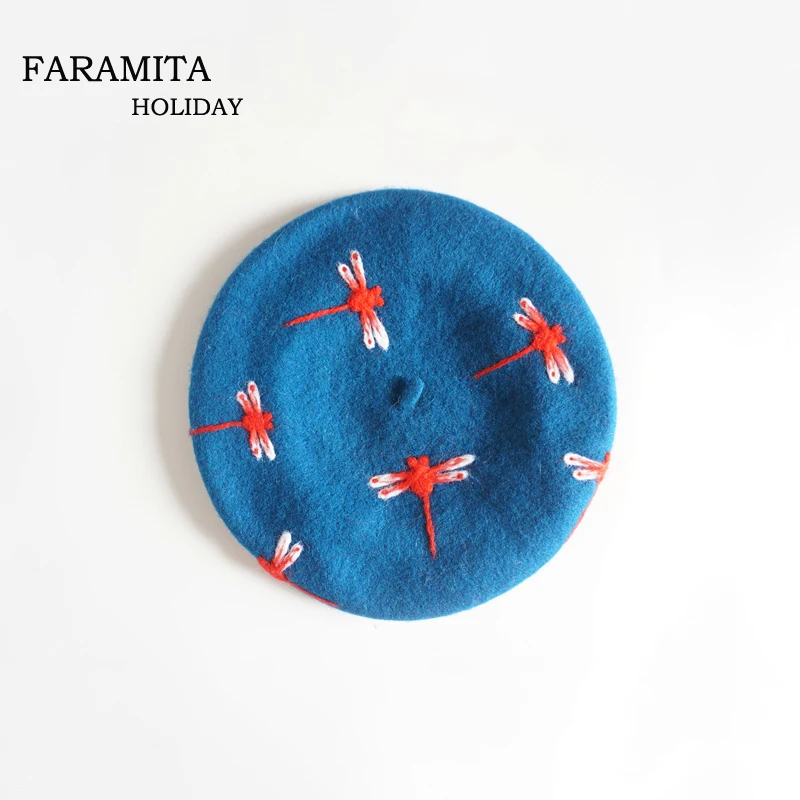 Faramita Holiday Brand Design Hand-made Winter Women Girls Berets Wool Felt Manual Dragonfly Cute Beret Hats Blue Caps Round | Аксессуары