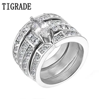 tigrade silver color stainless steel marquise cubic zirconia wedding ring set women engagement ring with matching channel set
