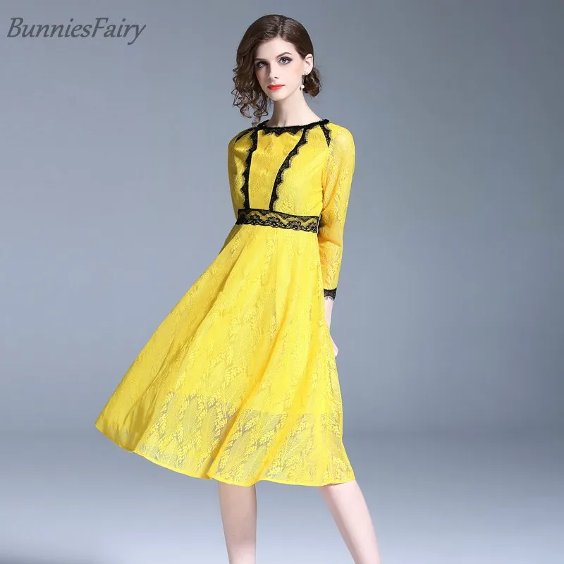 BunniesFairy 2018 новые летние Для женщин Элегантный Желтый Кружева Платье черное с
