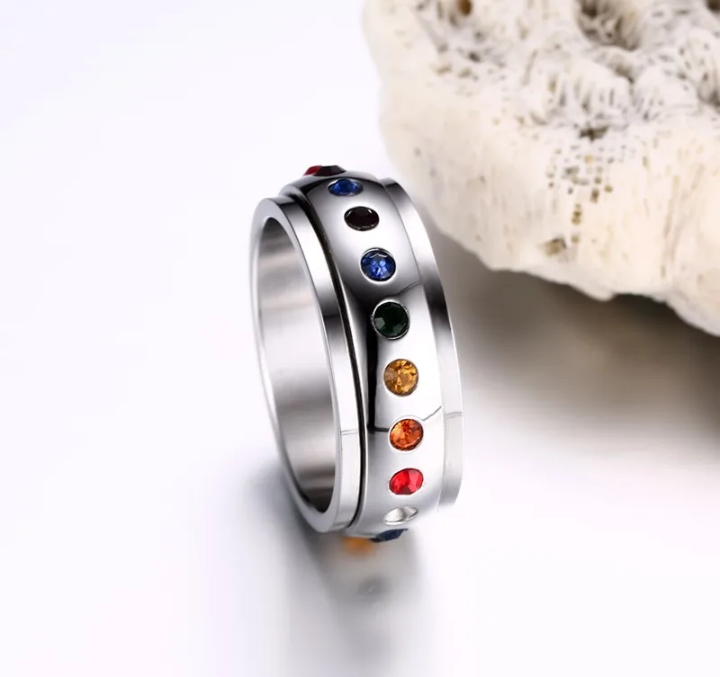 Радуга Кристалл ЛГБТ кольцо Полировки 8 мм Ширина Нержавеющая сталь двухэтажные