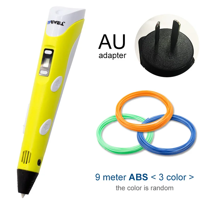 Myriwell, 3D ручка, светодиодный экран, сделай сам, 3D Ручка для печати, 100 м, ABS нити, креативная игрушка, подарок для детей, дизайнерский рисунок - Цвет: Yellow AU