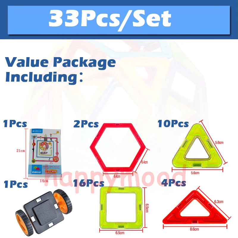 33 Pcs Magnetic Building Blocks Construction Toys Model Gift For Kids Designer Standard Size DIY Game Square Triangle Hexagon | Игрушки и