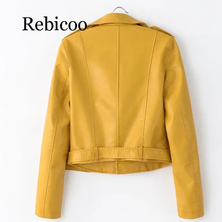 

2019 Bright Yellow Women PU Leather Jackets Zipper Leather Coat Turn-down Collar Female PU Jackets Black Color