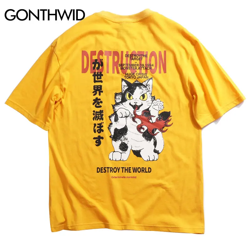 GONTHWID японский Harajuku Стиль Сердитый кот печатных уличные футболки 2019 летние