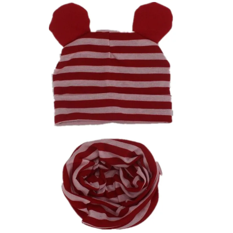 red stripe ear Хлопковый Детский комплект из шапки и шарфа, детские милые шапки с ушками, высококачественные шапки и шарфа для мальчиков и девочек, детские шляпы, реквизит для фотосессии - Цвет: red stripe ear
