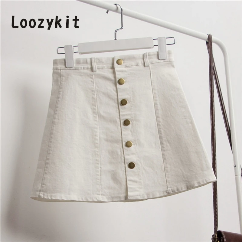 LOOZYKIT, летняя женская джинсовая юбка, пуговица, высокая талия, джинсовые винтажные юбки, Женская Повседневная тонкая Корейская юбка для девочек