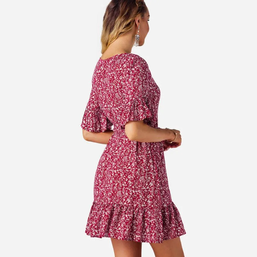 Вики Для женщин Лето BOho платье леди цветок печатных лук Васит короткий рукав