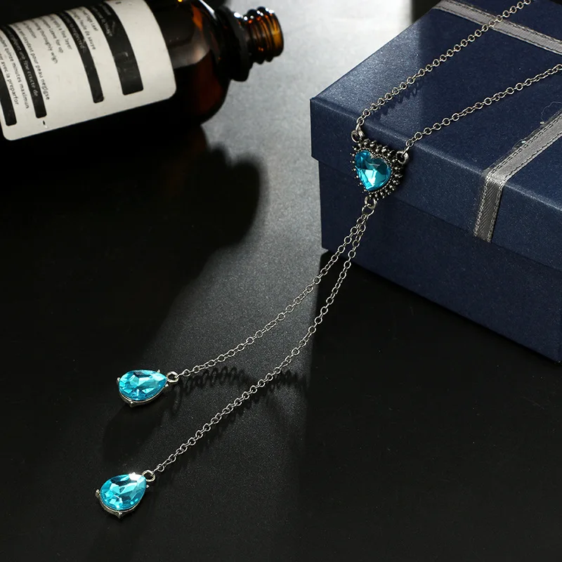 Boho Shine Blue Heart Crystal Pendant Necklaces Elegant Long Water drop Tassel Chain Weeding Engagement Jewelry Gift | Украшения и