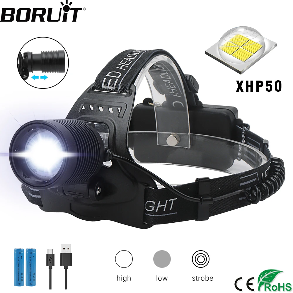 Налобный фонарь BORUiT XHP50.2 светодиодный 3 режима 18650 лм|Налобные LED-фонари| |