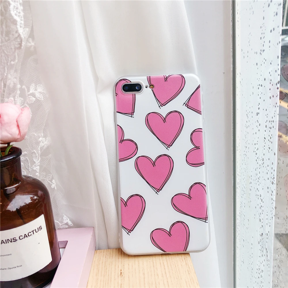 Cases For iPhone 7 Korean Girl Style Love Heart Pink Phone iphone 6S 8 Plus X Matte IMD Soft Silicone Back Cover Funda |