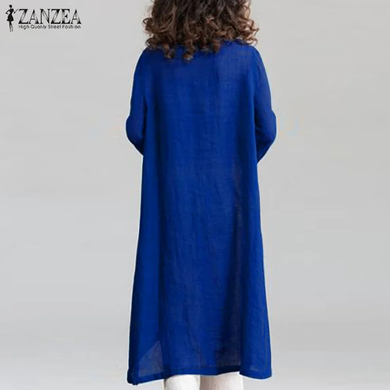 ZANZEA, винтажный женский сарафан, женские вечерние платья до середины икры на пуговицах, женские платья-рубашки, повседневные свободные платья с разрезом