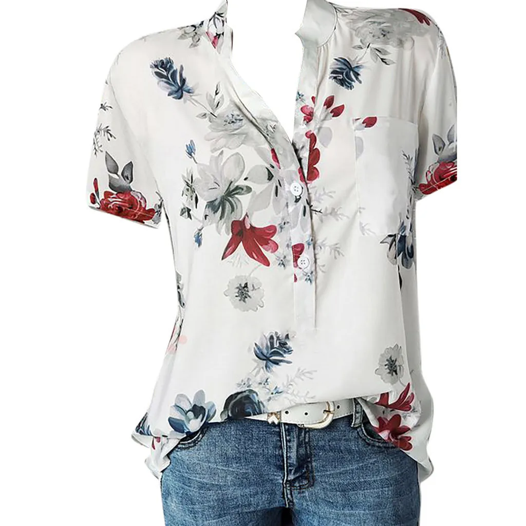 

Women Printing Pocket Plus Size Short Sleeve Blouse Easy Top Shirt Blusas Mujer De Moda 2021 Рубашка Женская