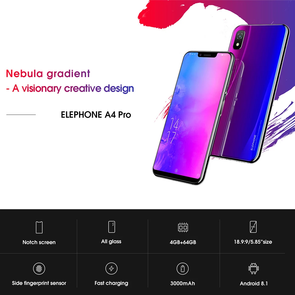 Мобильный телефон Elephone A4 Pro 4G, 5,85 дюймов, MT6763, четыре ядра, Android 8,1, 4+ 64 ГБ, 6мп+ 8МП камеры, 3000 мА/ч, боковой отпечаток пальца, сотовый телефон