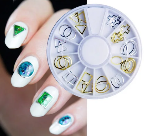 

1 Box Triangle Square Cross Round Copper Nail Studs 3D Gold Silver Metal Decorations For Nails Wheel Nail Art Supplies ZP41