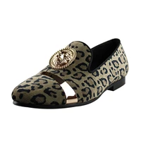 harpelunde men leopard prints formal dress shoes lion emblem velvet loafer metal strap flats