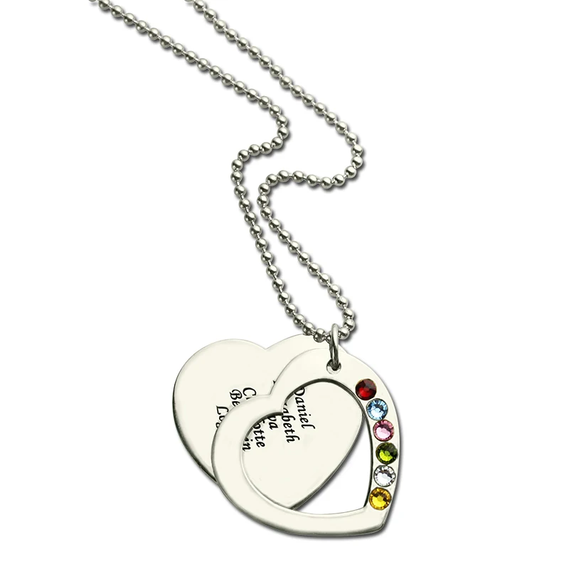 Amxiu Custom 1-6 Names 925 Sterling Silver Necklace Heart Pendant with Birthstones Jewelry for Family Team Souvenirs | Украшения и