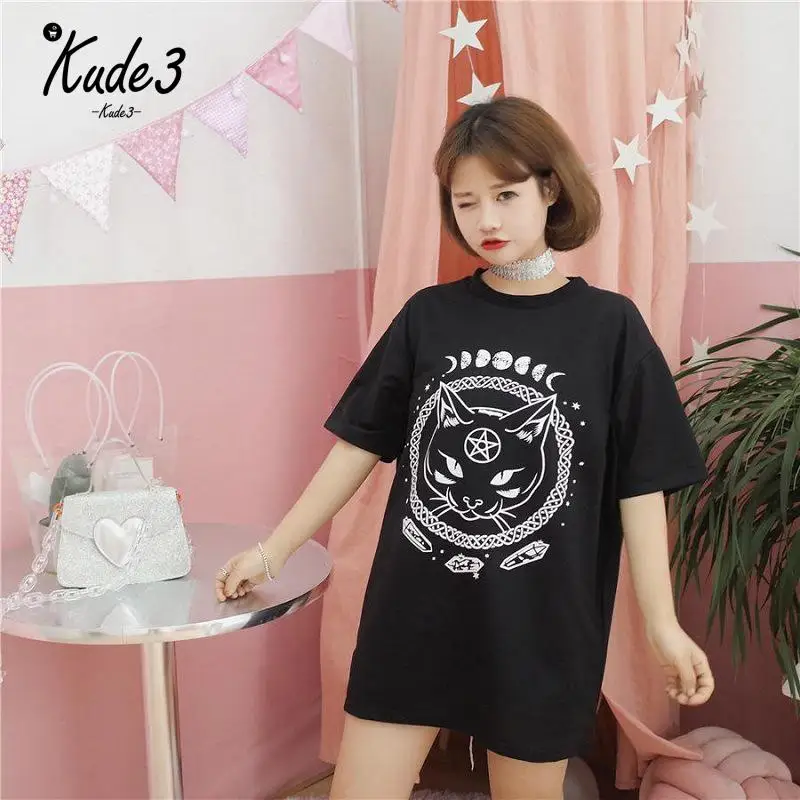 KUDE Готический Moon Phase колдовство кошка печатная Женская Harajuku футболка с коротким