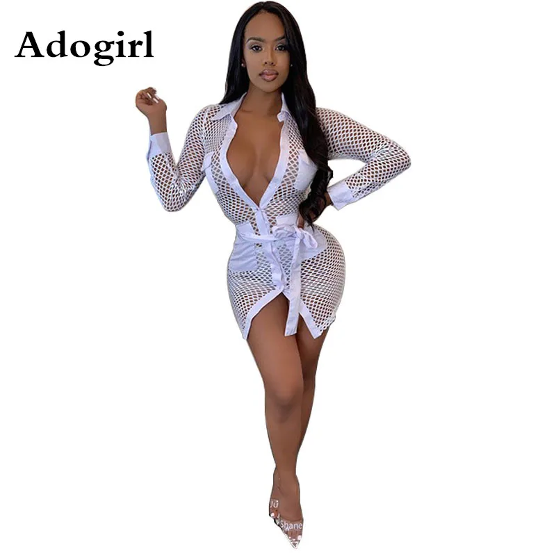 Adogirl ажурная открытая рубашка мини платье женское сексуальное отложной воротник