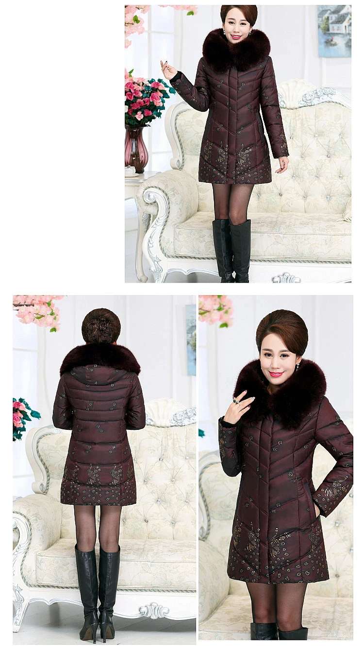 Large size 5XL Middle-aged Women's Cotton Jacket Print Loose Parkas Artificial Fur Collar Warm Coats Female Outwear DAN236